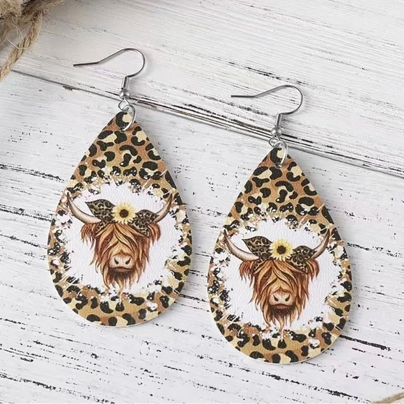 2 For $20 Ethnic Retro Leopard Bull Cow Faux Leather Drop Hook Earrings  New - Picture 4 of 4